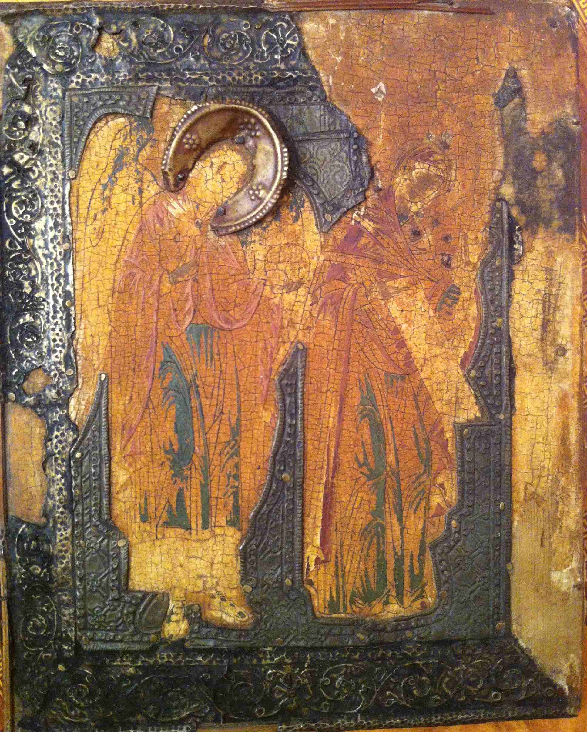 Антикварная Икона древняя Избранные Святые, 27 см, серебряная басма