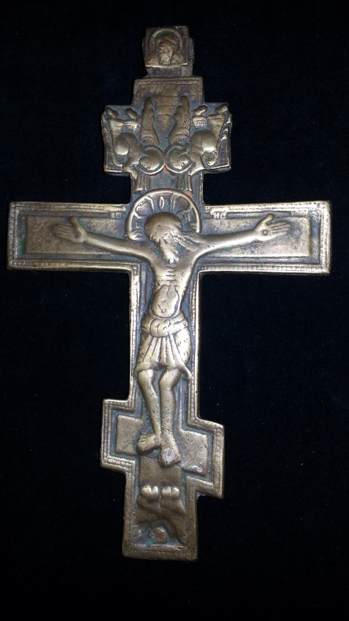 Крест распятие старинный в технике медное художественное литье, 16х9,5 см