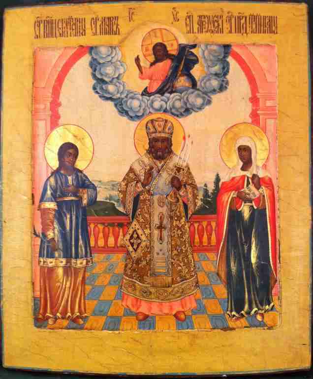 Икона старинная Екатерина, Марк, Татьяна, 32 см, оклад-серебро 84 пробы