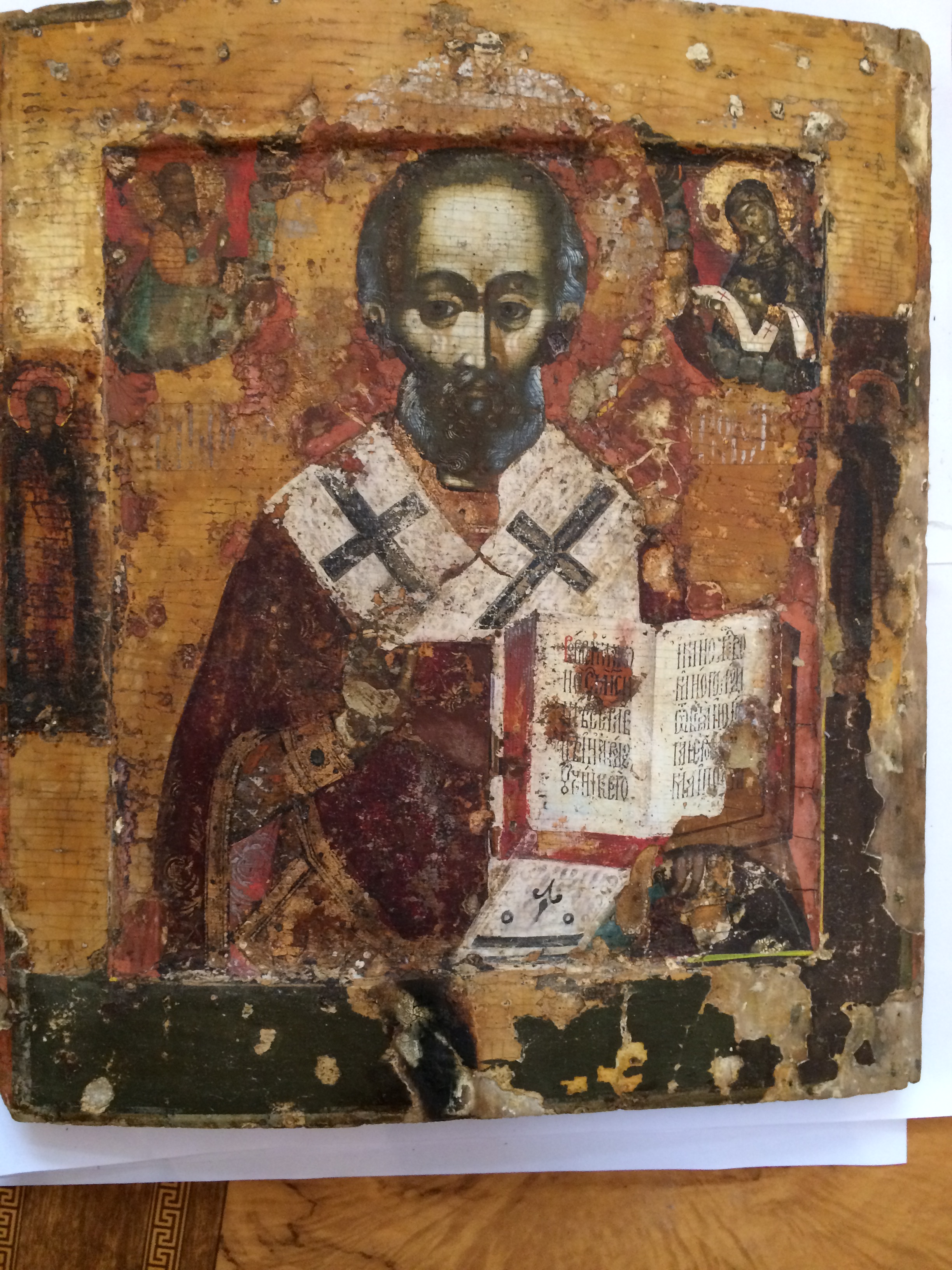 Икона старинная Николай Чудотворец с приписными святыми на полях
