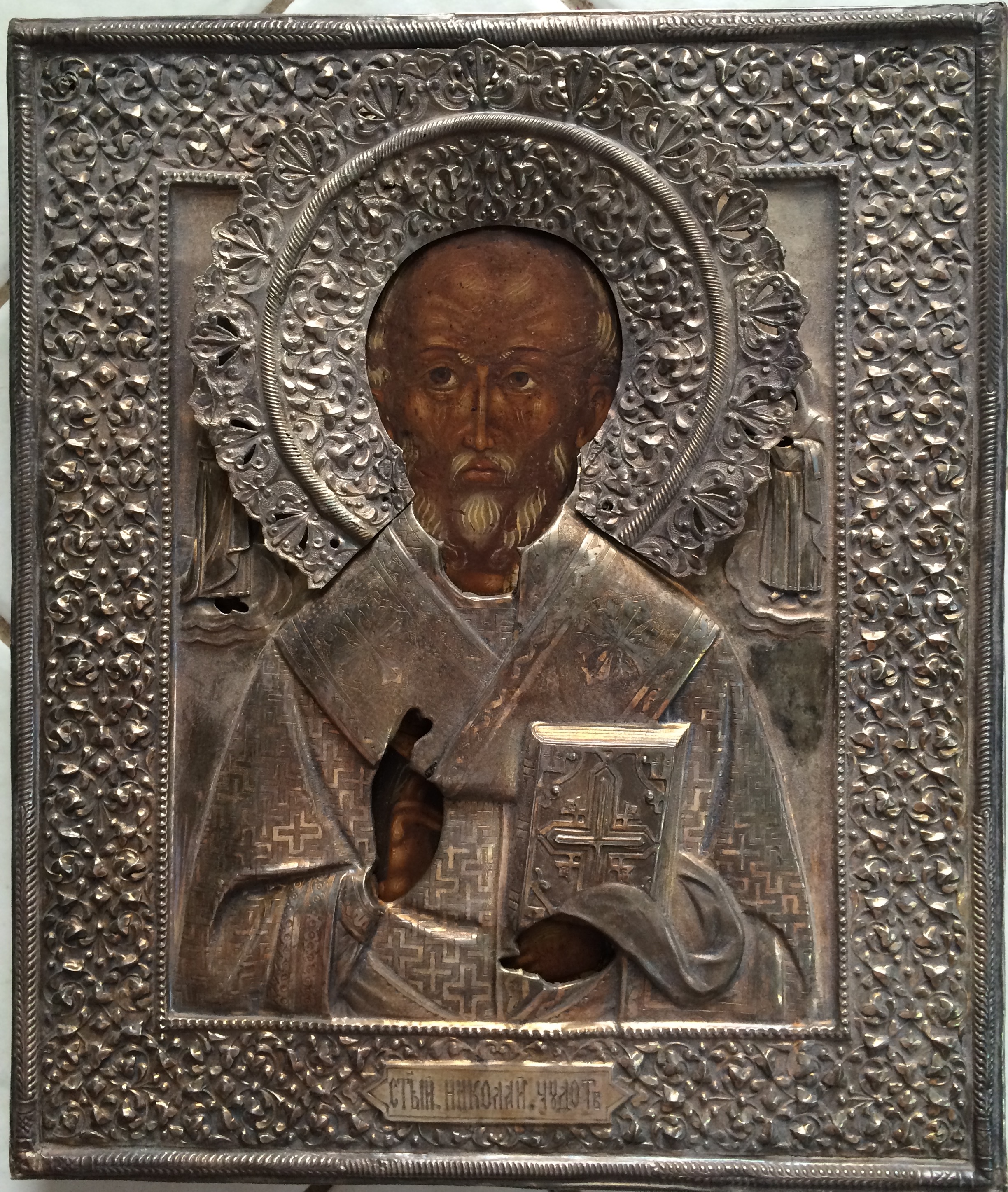 Купить икону старинную Николай угодник в серебряном окладе гречка предлагаем по хорошей цене