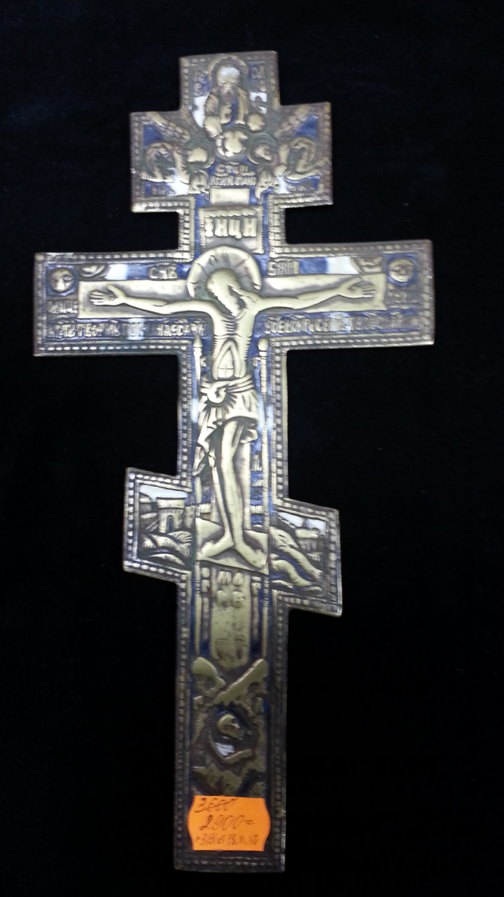Старинный крест 19 века распятие медная пластика эмаль