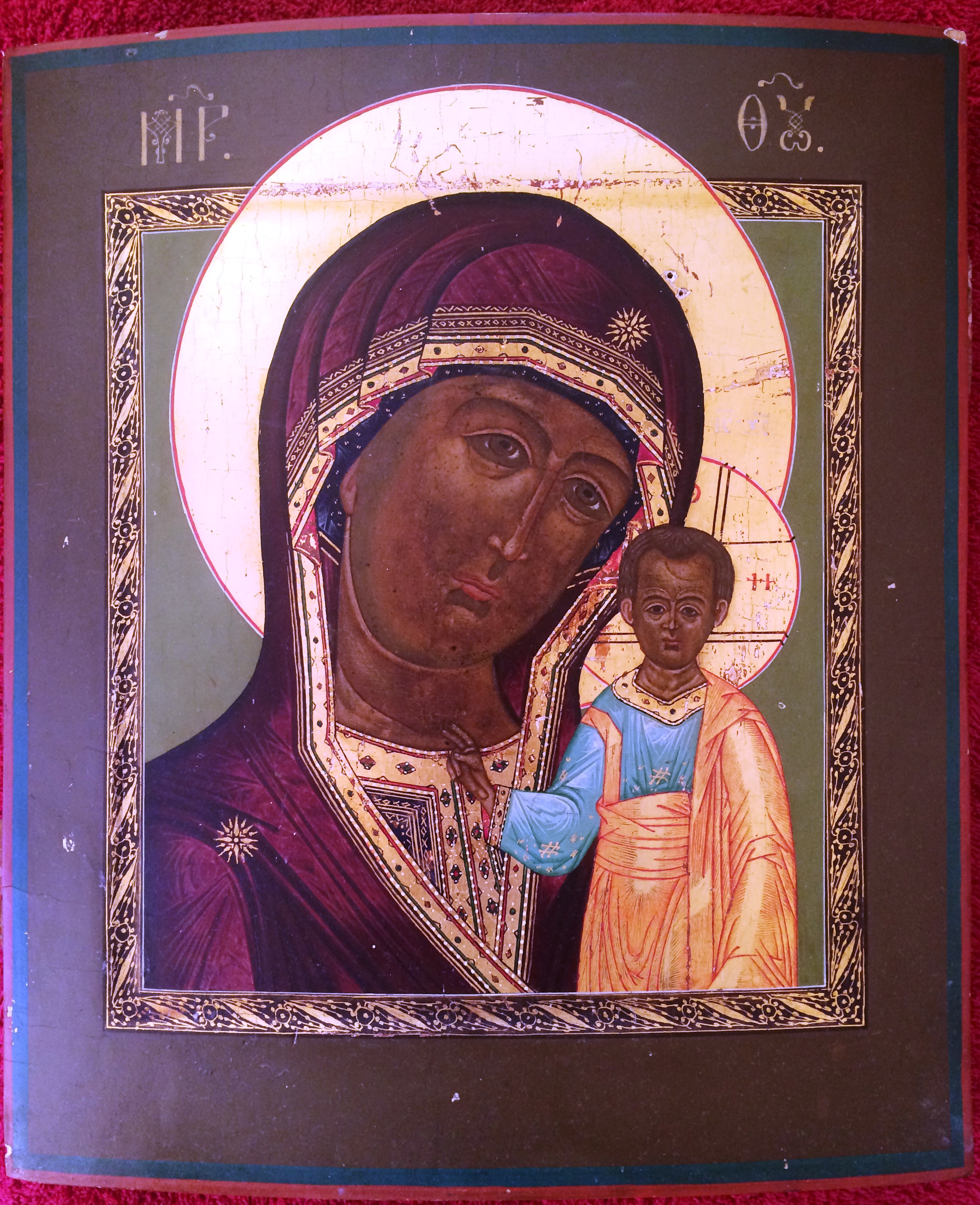 Икона старинная Богородица Казанская с редкой росписью лузги