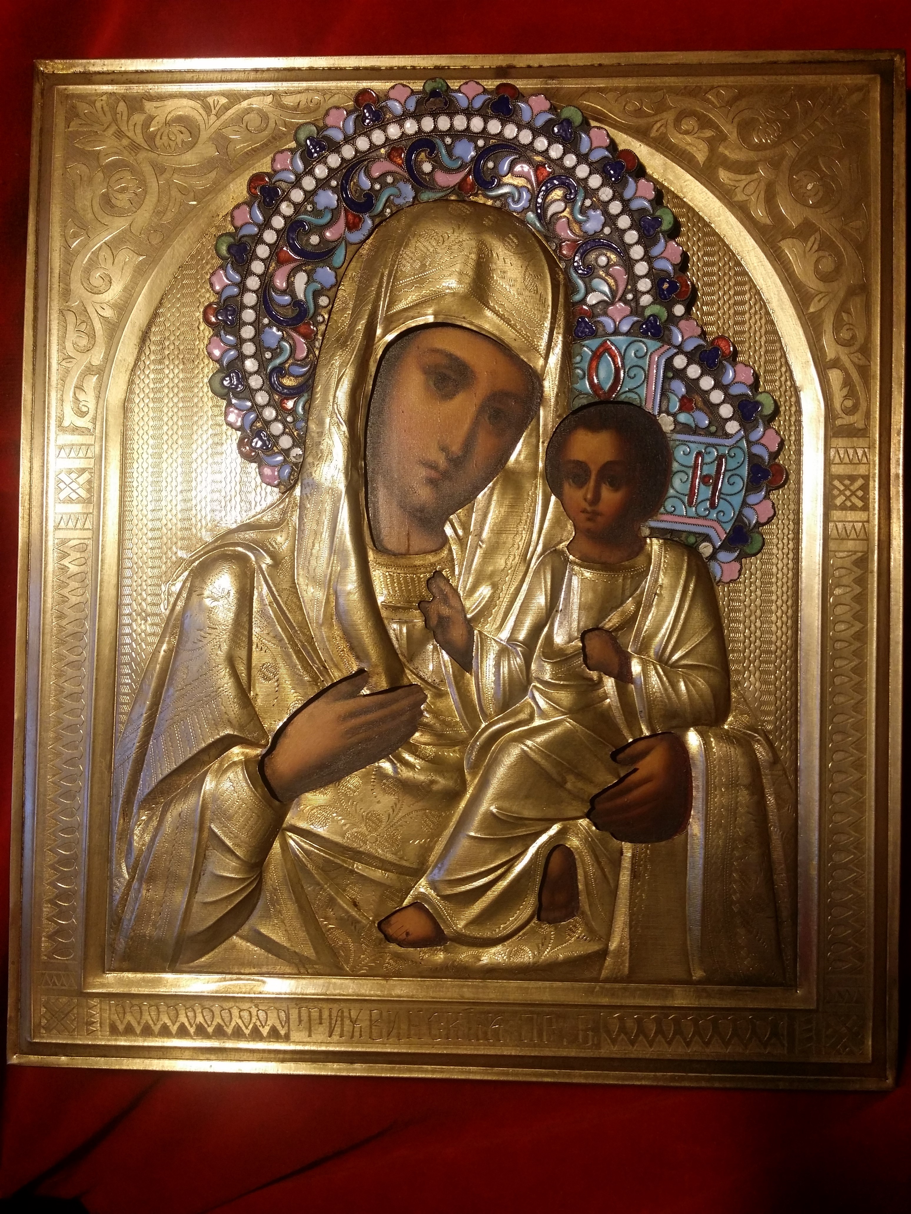 Икона старинная Богородица Тихвинская в окладе с эмалевым венцом 7 цветов