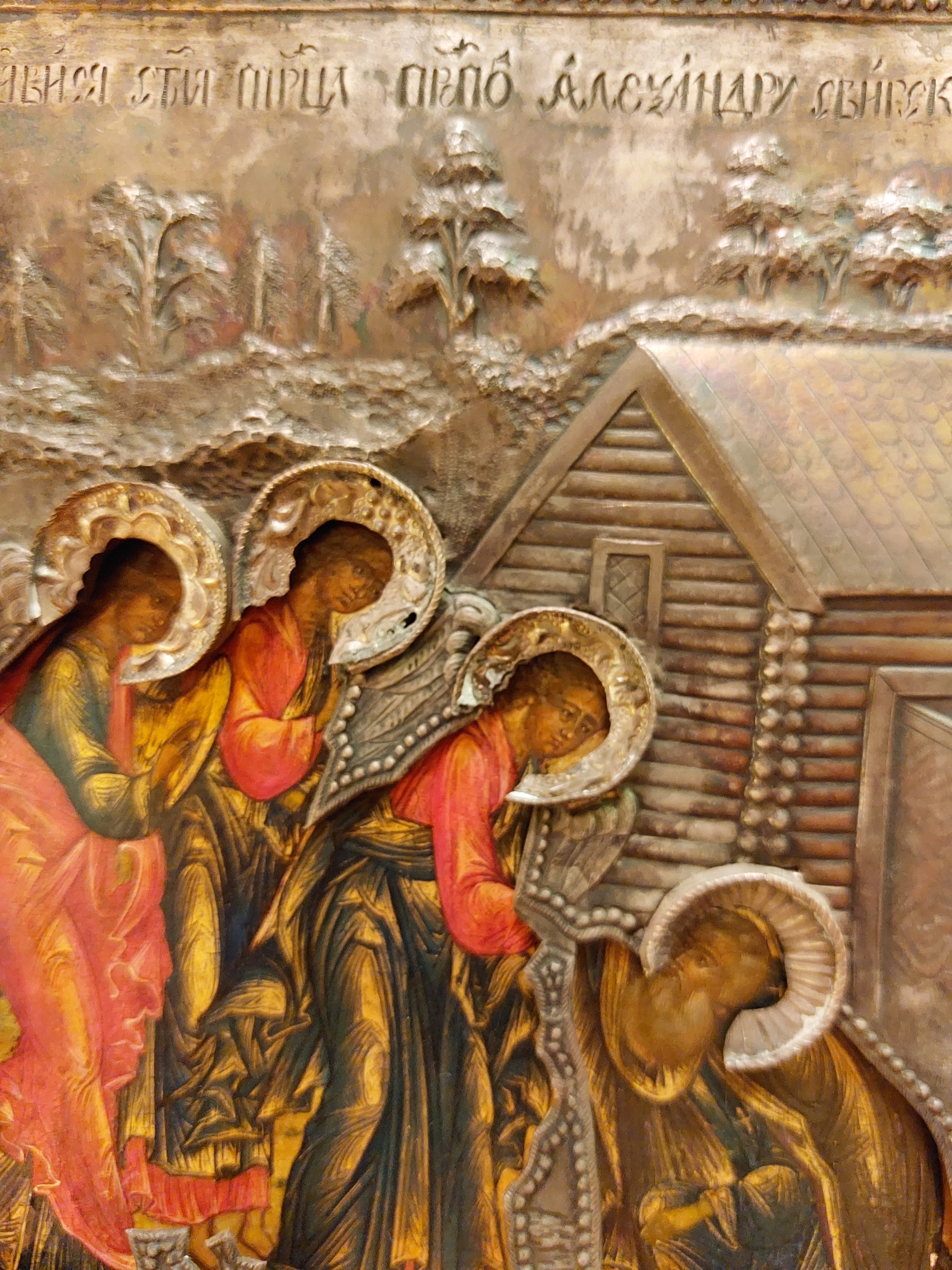 Икона 'Явление Троицы Александру Свирскому' в серебряном окладе. Фотография 4