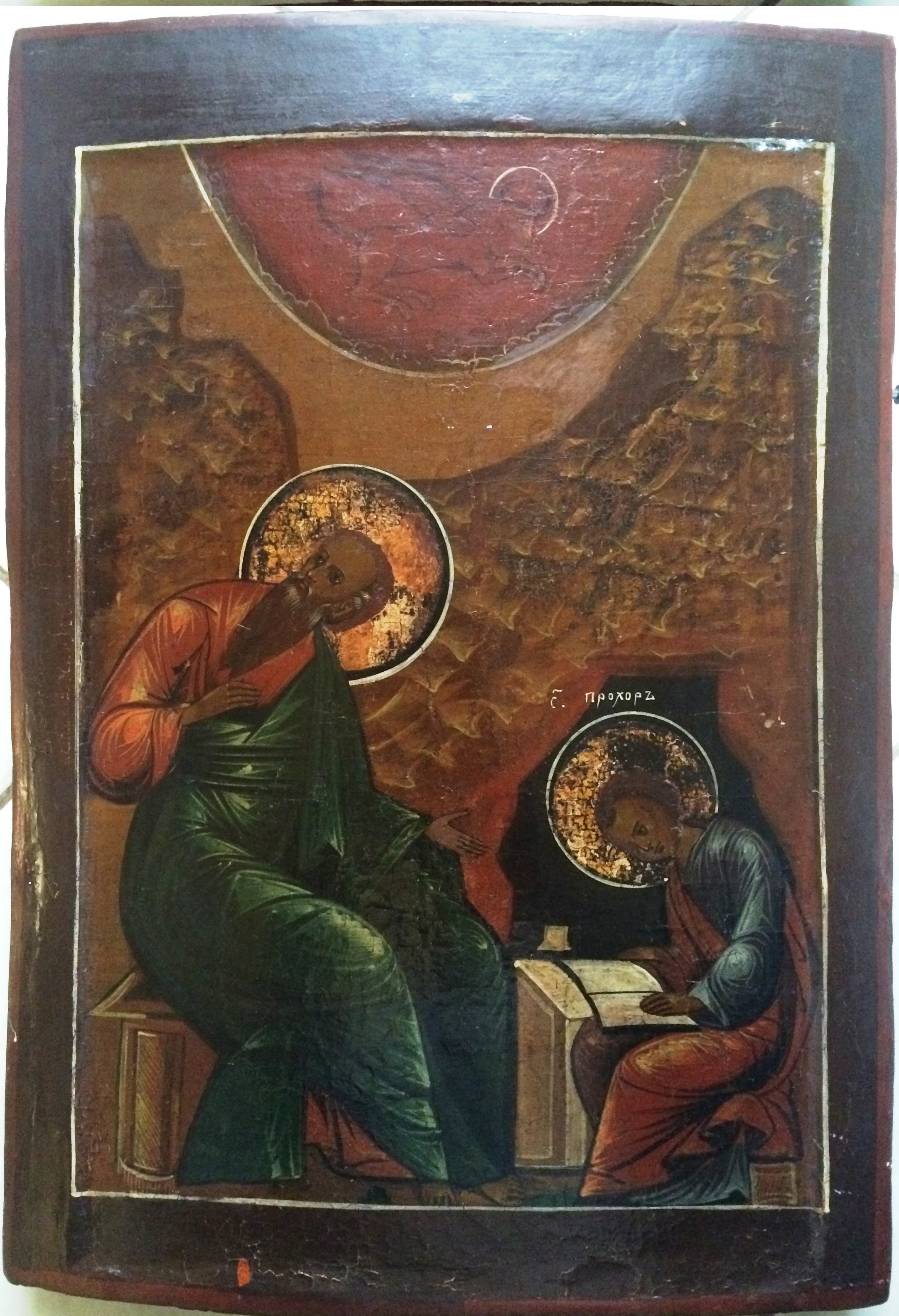 Икона старинная Иоанн Богослов и Прохор на дереве высота 50 см